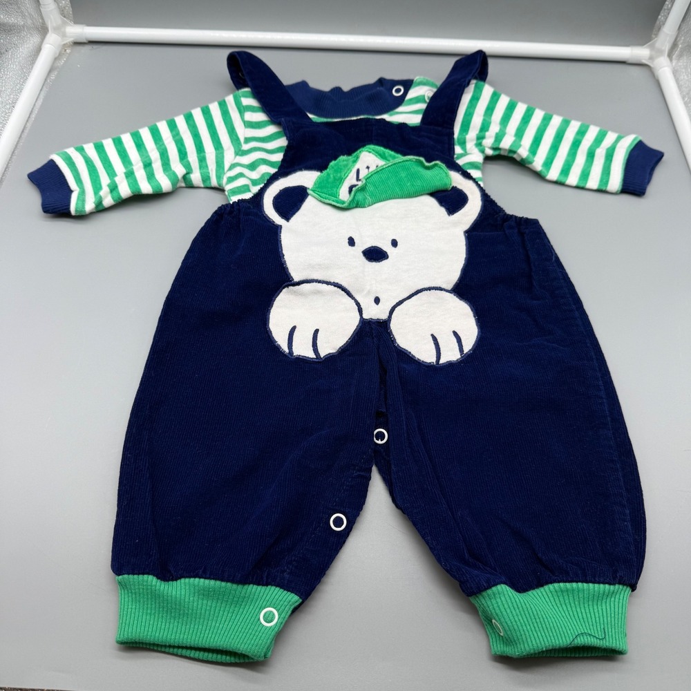Vintage Lightning Bug Baby Bear Corduroy Overalls and Striped Shirt Set 6-9M